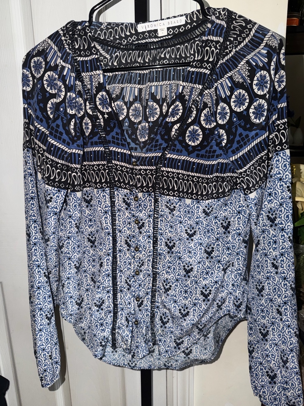 Veronica Beard Navy and Light Blue Mixed-Print Peasant Blouse